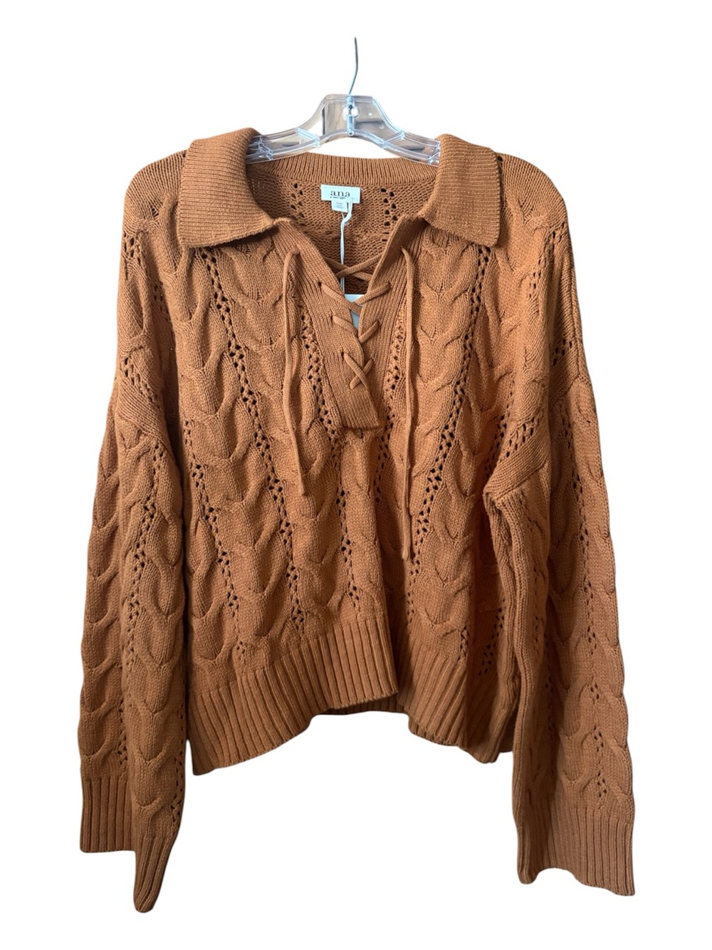 NWT ANA Women's Cable Knit Lace-Up Sweater - Rust size Petite 2xl